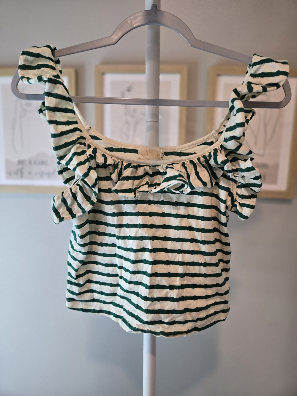 Striped Ruffle Shoulder Women's Top - Green/White